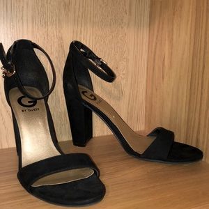 G by Guess Black Suede Block Heels Open Toe Sandal